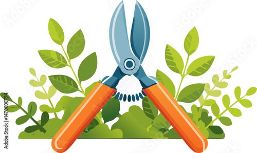 Colorful pruning shears cutting green branches with vibrant leaves, illustrated in flat cartoon style on white background. Clean, fresh, and perfect for gardening themes.