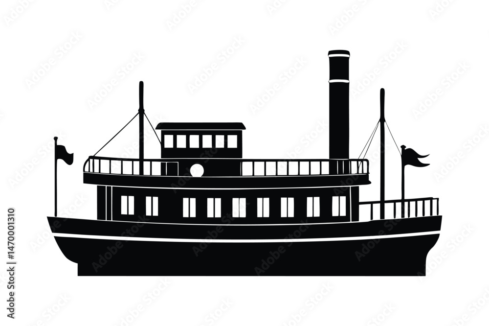 Obraz premium Steamboat silhouette vector illustration, Set of Steamboat silhouette