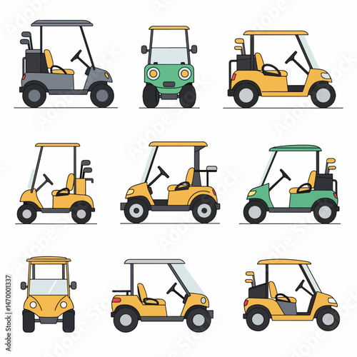 Diverse Golf Cart Set Collection: A diverse set of golf carts presents multiple perspectives on a clean backdrop. showcasing various colors and designs and all the necessary features for the game. 