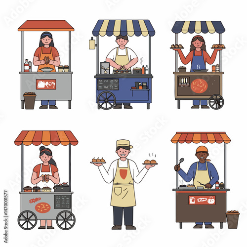 Street Food Vendor: A delightful scene unfolds showcasing street food vendors, each offering a unique culinary experience, complete with their carts and engaging smiles.