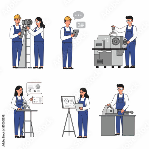 Engineers' Collaborative Vision: A team of engineers in a modern setting, meticulously inspecting advanced machinery and technical diagrams, embodying innovation and precision.