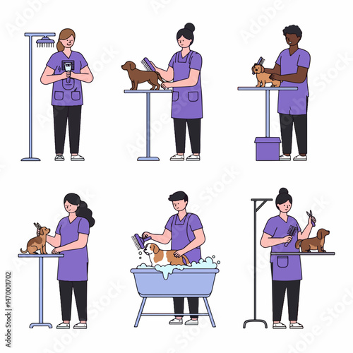 Pet Grooming Day: An Illustrated depiction of grooming process, capturing the essence of grooming, hygiene, and loving care. Each scene tells a story, showcasing the bond between groomer and animal.