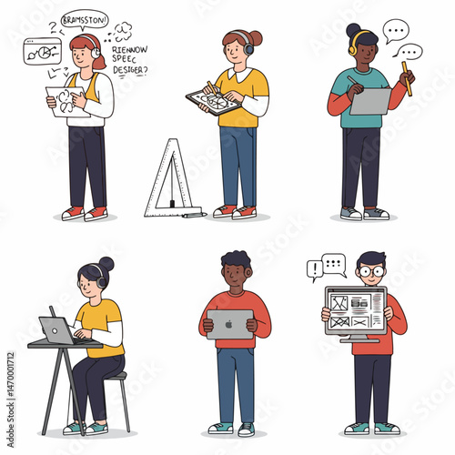Digital Designers at Work: A diverse group of digital designers, immersed in their creative process, utilizing tablets and laptops to craft their visions.