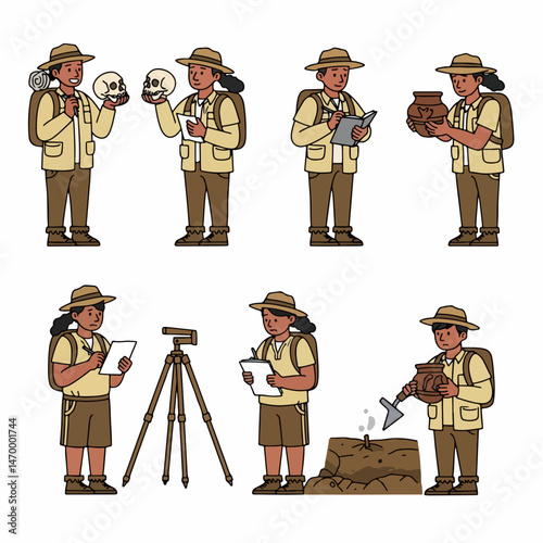 Archaeological Exploration: A series of illustrations depicting an archaeologist engaging in various fieldwork activities,  including  examining artifacts,  recording data, and  excavating a site.