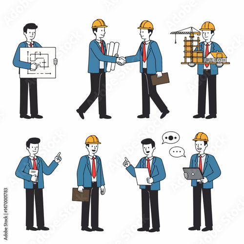 Architectural Collaboration: A series of illustrations depict architects engaged in various aspects of their profession, collaborating on designs and construction projects.
