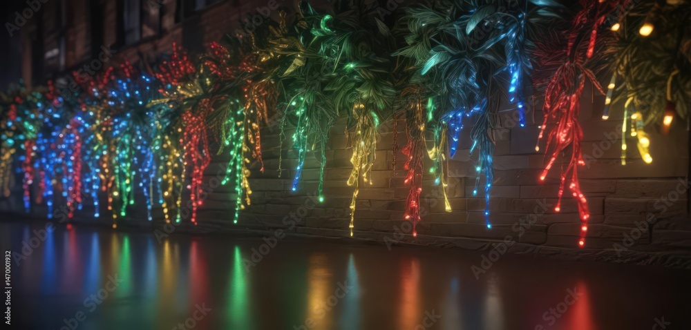 Fototapeta premium Vibrant red, green, blue, & yellow Christmas lights twinkle festively , Christmas lights, colorful