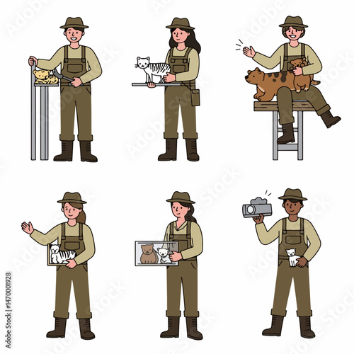 Animal Handler at Work: A collection of illustrations showcases the essential work of an animal handler, caring for and interacting with various creatures in a loving manner.