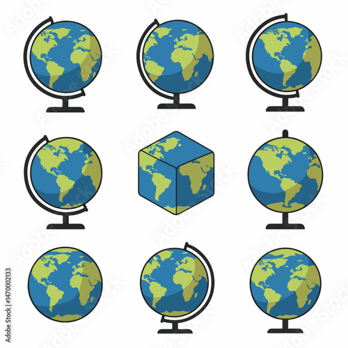 Earth globes: A collection of varied earth globes showcasing the planet's shape and forms, from spheres to a cube, presented in a colorful illustration suitable for educational or design projects.