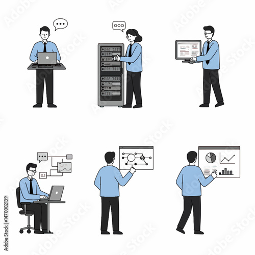 Tech Team's Task: A composite illustration depicting various professionals engaged in technology-related tasks, showcasing teamwork, information analysis, and data management.