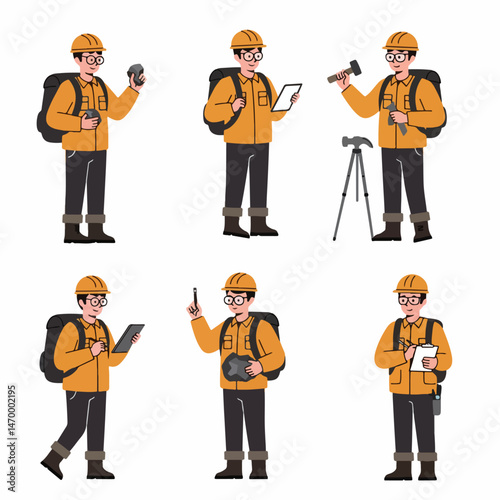 Geologist Fieldwork Illustrations: A set of six diverse illustrations depicting a male geologist in various fieldwork scenarios, showcasing different tools and activities.