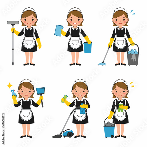 Multitasking Maid in Action: A cheerful maid is ready for duty showcasing different cleaning techniques and equipment in various poses, an ode to dedication and expertise in maintaining the house.