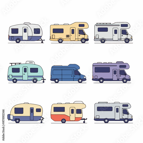 A Variety of Recreational Vehicles: A collection of various RVs, representing the different types of vehicles available for travel and camping, each with its unique style and design.