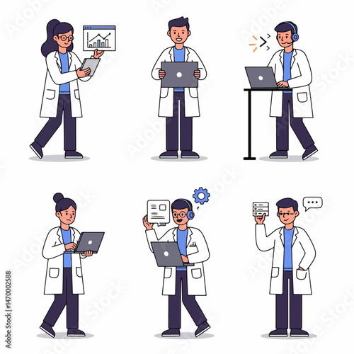 Lab Coat Professionals: A set of six figures wearing lab coats, each engaged in different tasks, utilizing laptops and various tools. A diverse representation of individuals dedicated to technology.