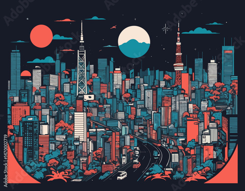 Futuristic illustration of tokyo japan vector t shirt design, vector graphic, typographic poster or tshirts street wear and Urban style