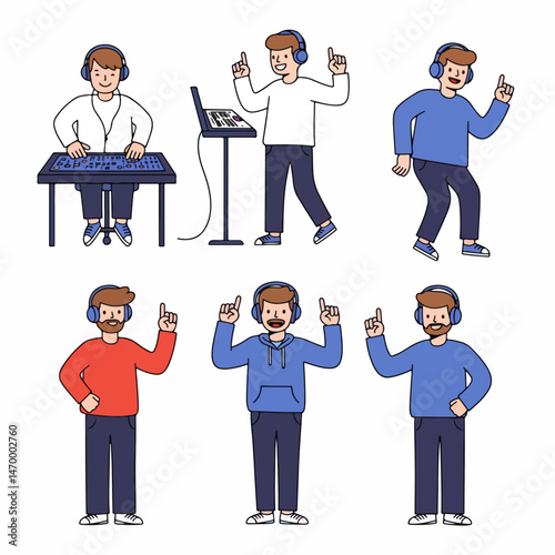 Music Producer Character Set: A versatile set of illustrations depicting a male music producer in various poses and outfits, perfect for showcasing the creative process or music production software. 