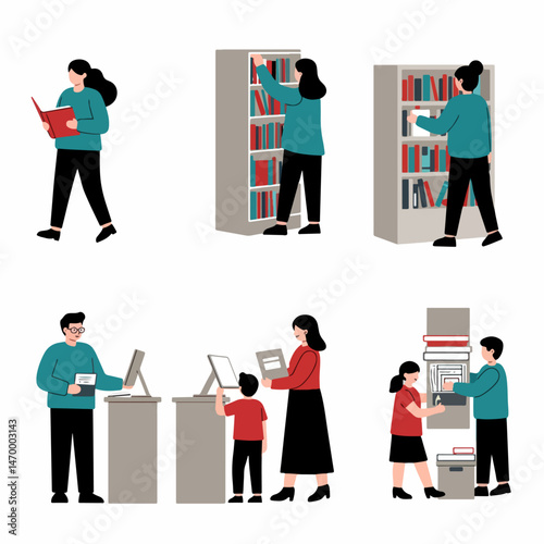 Library Activities: Diverse group of people engaging in various library activities, including reading, browsing bookshelves, and using computers.