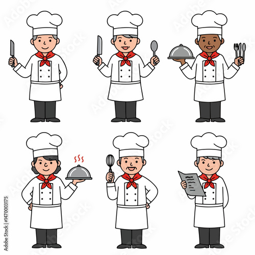 Culinary Team Ready: A diverse team of cartoon chefs, each holding essential tools and dishes, showcases culinary expertise and teamwork. They appear prepared for service, with the backdrop plain. 