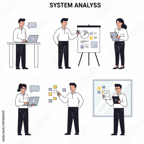 System Analysis Teamwork: In this illustration, a dedicated system analysis team collaborate to evaluate, examine, and propose solution using a digital strategy.