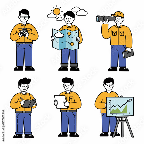 Set of Professions Illustrations: Illustrations of various professions including surveyor, planner, manager, engineer, analyst and surveyor