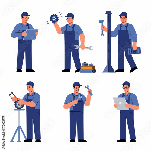 Mechanic at Work: A set of illustrations showing a diverse mechanic in a variety of automotive repair scenarios. Each depicts skilled technician meticulously working on vehicles.