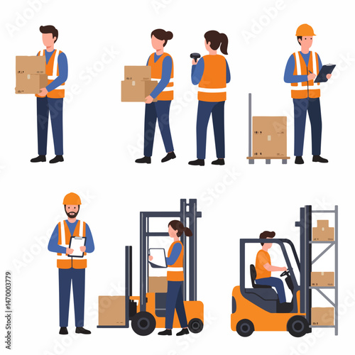 Logistics Dynamics: Illustrated collection of warehouse workers in various stages of their job functions, handling packages, and using equipment.