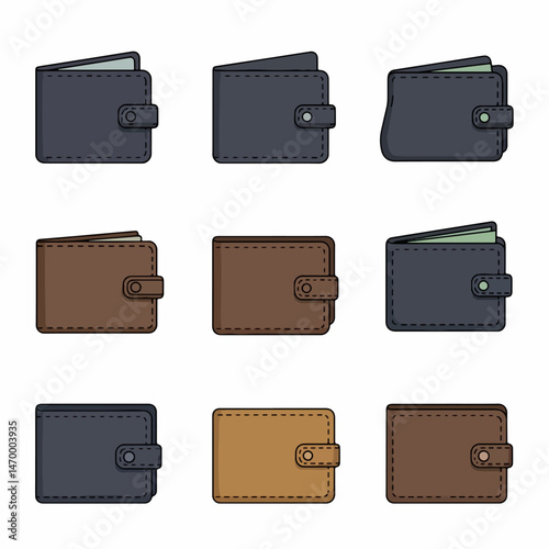 Collection of Wallets: A diverse set of graphic wallets, showcasing various designs and colors, neatly arranged for visual appeal, depicting modern accessories and financial tools.