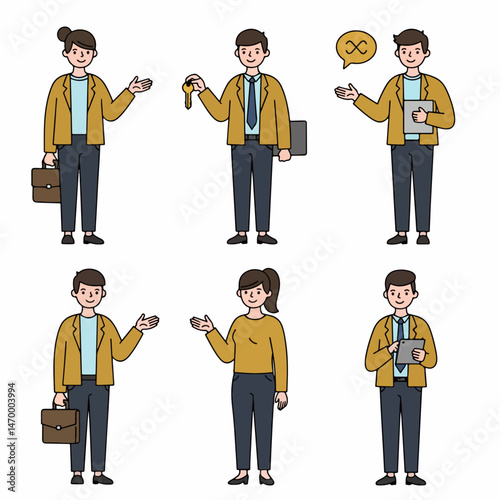 Business People Illustrations: A diverse set of six businessperson illustrations, showcasing various poses and accessories, ideal for presentations, websites, or marketing materials.