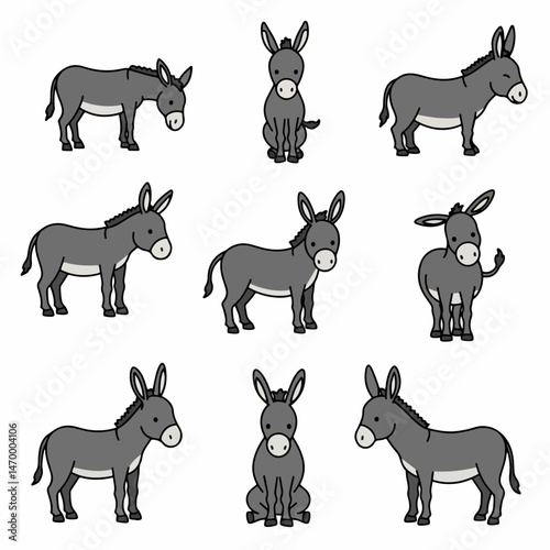 Cute Donkeys Cartoon Set 