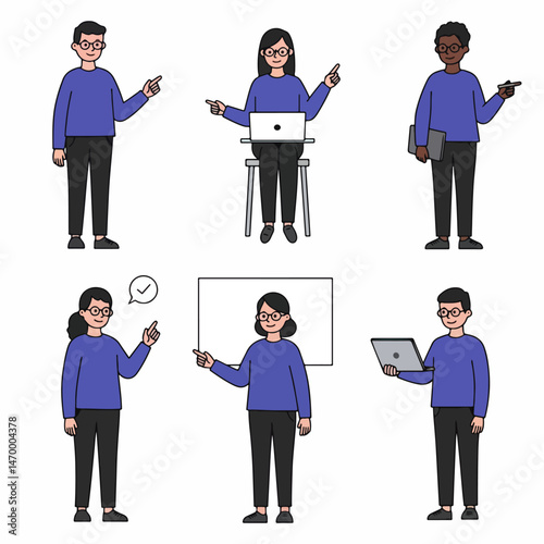 Diverse Team Presentation: Six diverse characters, each with unique styles, engaging in presentation.  They use laptops, whiteboards and point to emphasize ideas.  A collaborative and inclusive image.