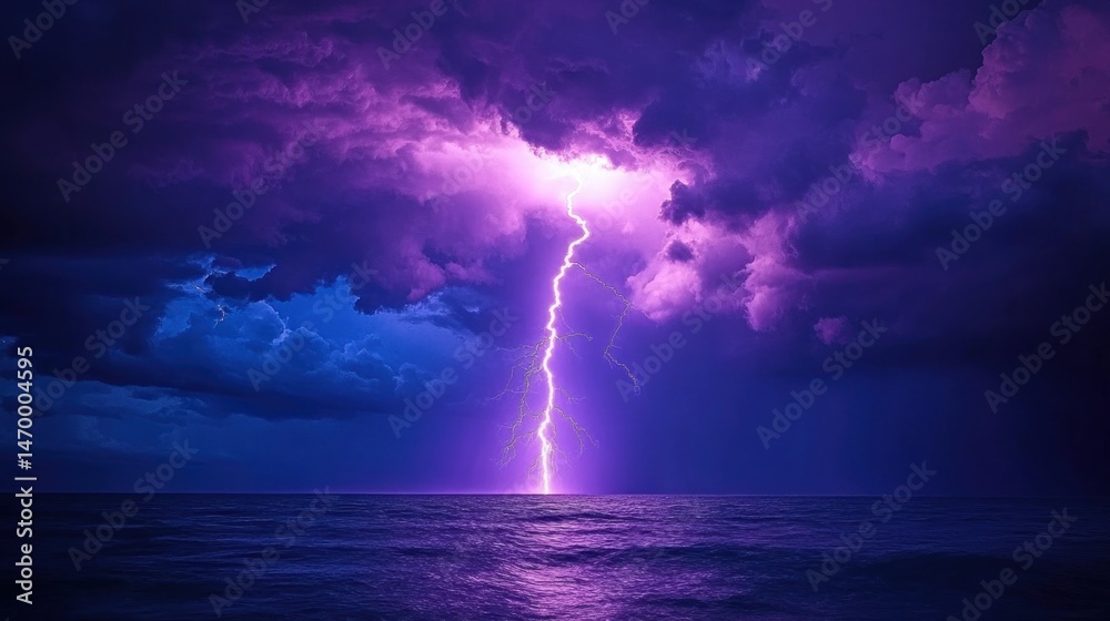 Obraz premium Dramatic lightning strike over the ocean. A powerful bolt of lightning illuminates a dark purple and blue stormy sky above a calm sea