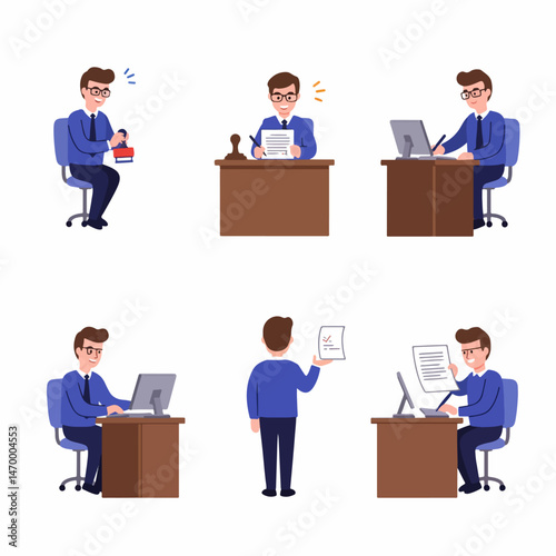 Office Workflow: A six-scene illustration series showcases various office activities, like reviewing documents, using a computer, and applying a stamp.
