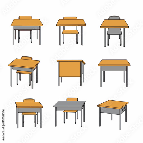 School Desk Array: A versatile collection showcases school desk and chair arrangements, emphasizing different perspectives