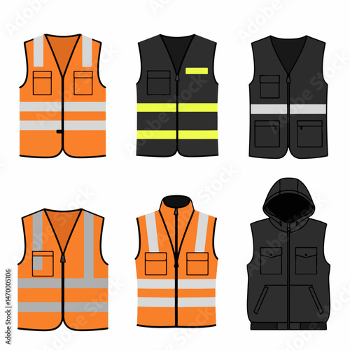 Safety Vest Collection: Diverse collection of safety vests in varying designs, colors, and styles, suitable for various professions. Illustrating the essential safety gear used in construction.
