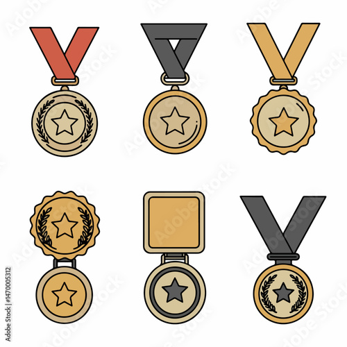 A Collection of Award Medals: An appealing array of six individual award medals, each with unique design, arranged on a flat surface, ready to celebrate excellence and success. 