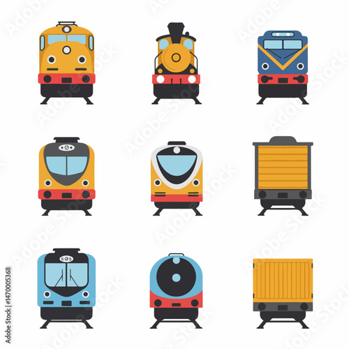 Diverse Train Collection: A vibrant collection of various trains, each with a unique design, showcasing the evolution of railway technology.
