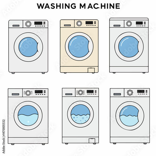 Washing Machines: A collection of illustrations of washing machines, presenting their form and functions for showcasing washing machine design and concepts.