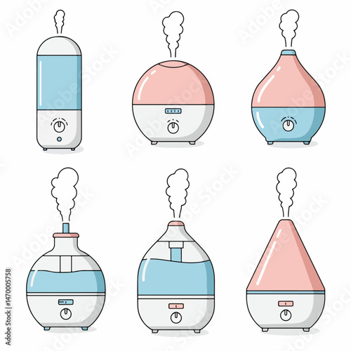 Aromatherapy Diffuser Collection: A set of vector illustrations showcasing a variety of aromatherapy diffusers with steam rising, embodying the essence of relaxation and wellness. 