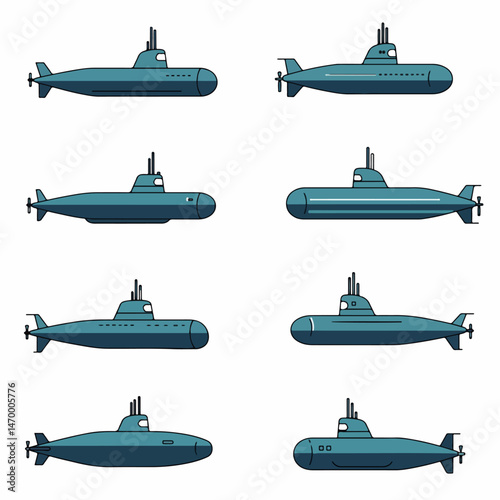 Submarine Fleet Array: A stunning illustration presenting a fleet of sleek, contemporary submarines against a clean, neutral background, each poised as a silent sentinel.
