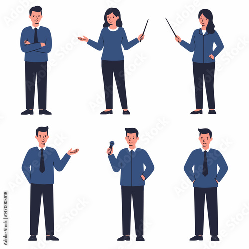 Business Presentation Set: Diverse professionals in various poses, some with expressions, illustrating business presentations and communication, perfect for corporate content.