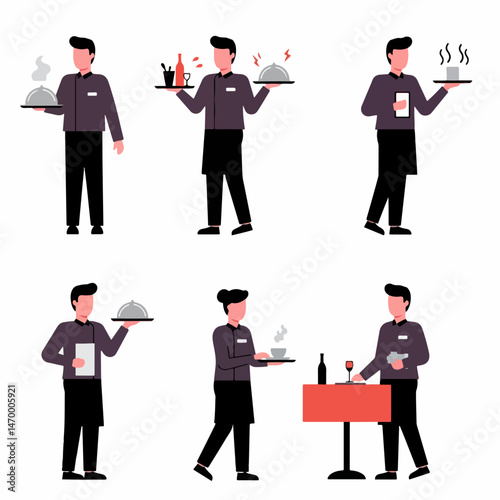 Serving Up Excellence: A collection of restaurant servers in various scenarios, epitomizing culinary professionalism and exceptional service in a stylized, graphic portrayal. 