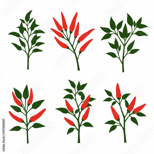 Chili pepper illustration: Vibrant illustration of red chili peppers growing on green branches. A stylized representation of culinary delight.