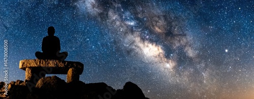 Contemplative Stargazer Sitting on Rock, Gazing at Cosmic Stars Above in Night Sky Under Milky Way and Inner Silence of the Universe
