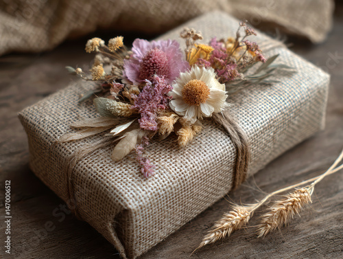 Rustic Jute Gift Package with Dried Flowers and Twine