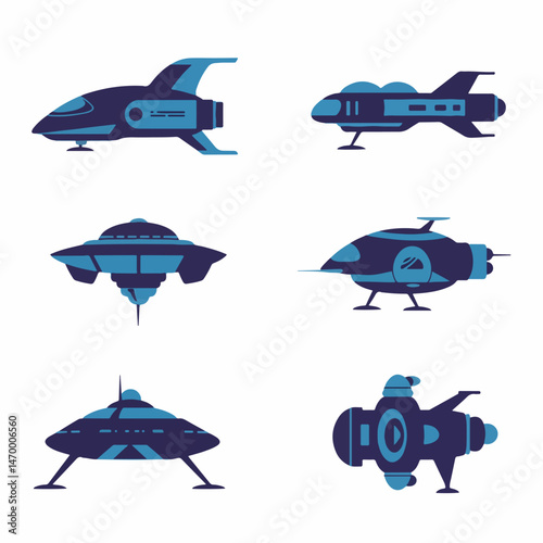 Celestial Voyage: A collection of stylized spacecraft soar across the canvas, representing boundless exploration, interstellar travel, and technological innovation.