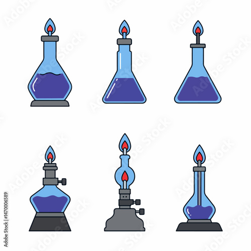 Chemistry Lab Burners: A set of chemistry lab burners, with vibrant blue liquid inside and small flames on top, exuding scientific and educational themes.