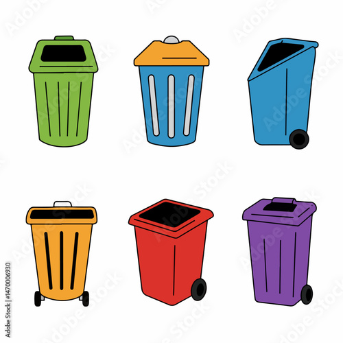 Colorful Recycling Bins: A vibrant array of differently colored trash receptacles, essential tools for eco-friendly waste management. Depicting diverse shapes.
