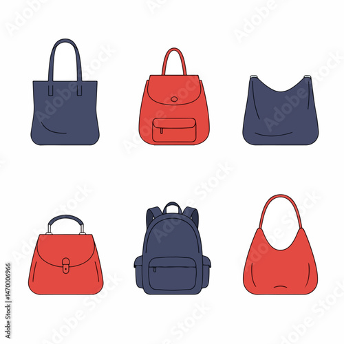 Assortment of Chic Handbags and Backpacks: A stylish collection of meticulously crafted handbags and backpacks, each boasting unique shapes, sizes, and vibrant colors.