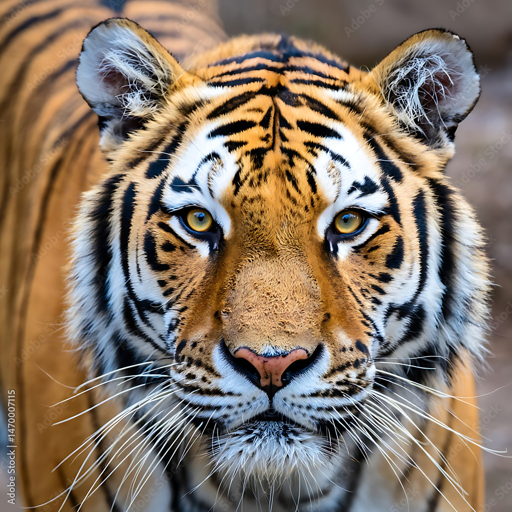 Fototapeta premium Intense Close-Up of a Bengal Tiger's Face with Glowing Eyes