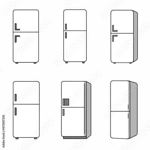 Refrigerators variations: Diverse lineup of monochrome refrigerators, each showcasing a distinct angle and design, illustrating the functional and aesthetic variety of modern refrigeration.
