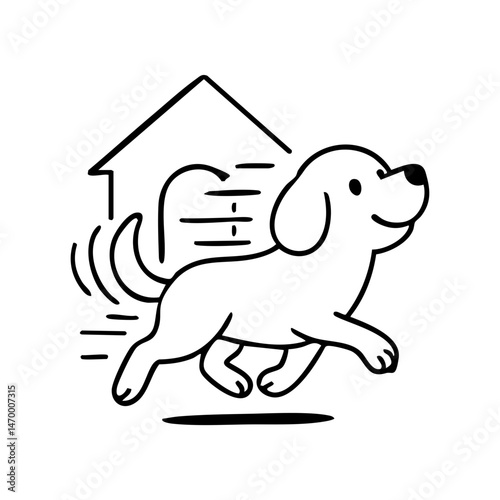 A dog running wildly in circles with exaggerated motion lines, ears flopping and big smile, full of chaotic joy.